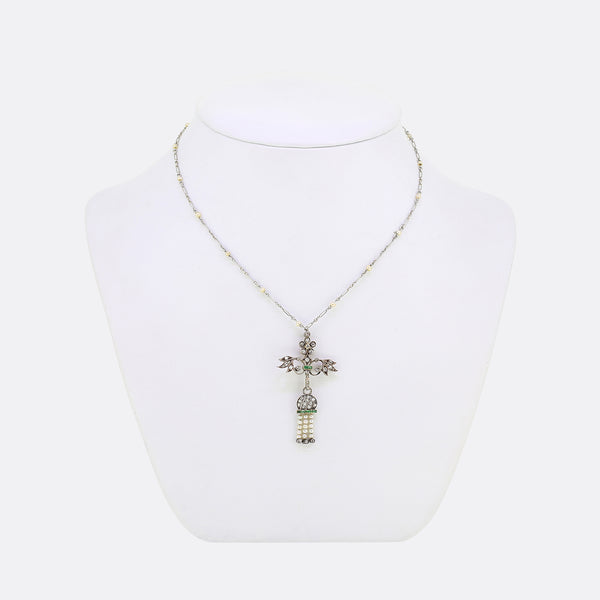 Edwardian Diamond Emerald and Pearl Sautoir Necklace