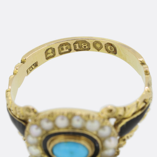 Georgian Pearl, Turquoise and Enamel Mourning Ring