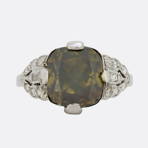 Art Deco 4.01 Carat Fancy Dark Yellow Grey Cushion Cut Diamond Ring