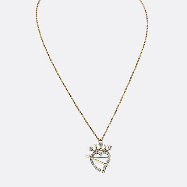 Victorian Diamond Pearl Heart and Crown Pendant Necklace