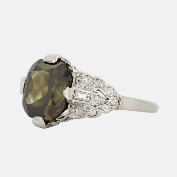 Art Deco 4.01 Carat Fancy Dark Yellow Grey Cushion Cut Diamond Ring