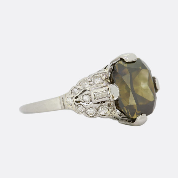 Art Deco 4.01 Carat Fancy Dark Yellow Grey Cushion Cut Diamond Ring
