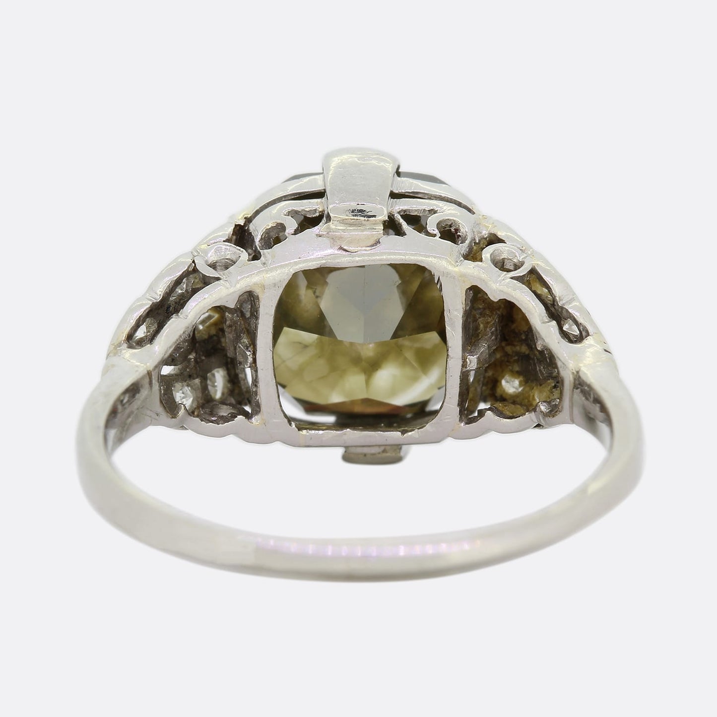 Art Deco 4.01 Carat Fancy Dark Yellow Grey Cushion Cut Diamond Ring