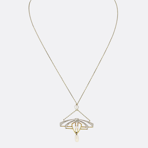 Art Nouveau Natural Pearl and Diamond Pendant Necklace