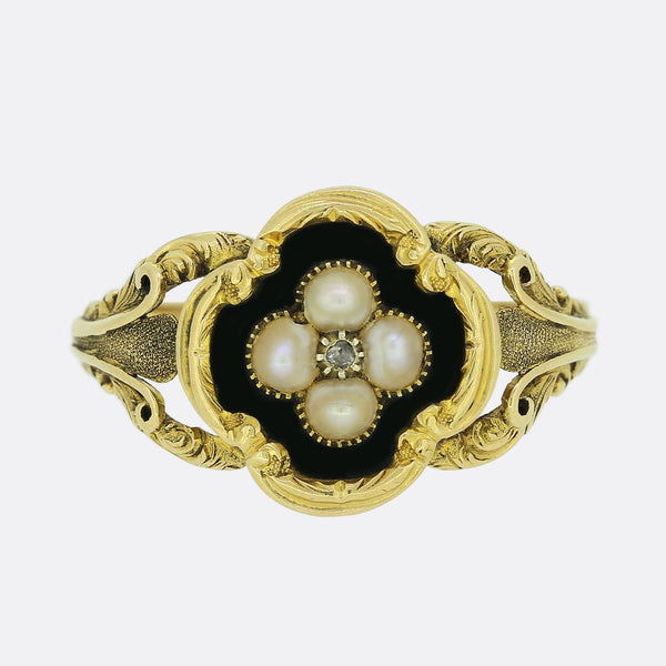 Victorian Pearl, Diamond and Enamel Mourning Locket Ring