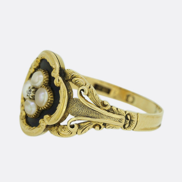 Victorian Pearl, Diamond and Enamel Mourning Locket Ring