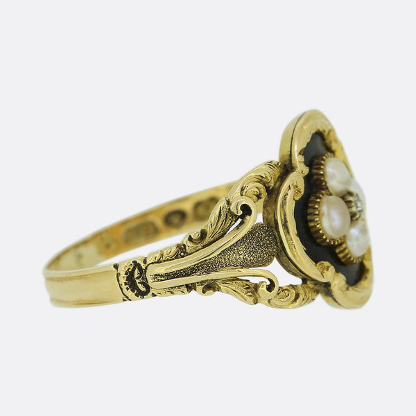 Victorian Pearl, Diamond and Enamel Mourning Locket Ring