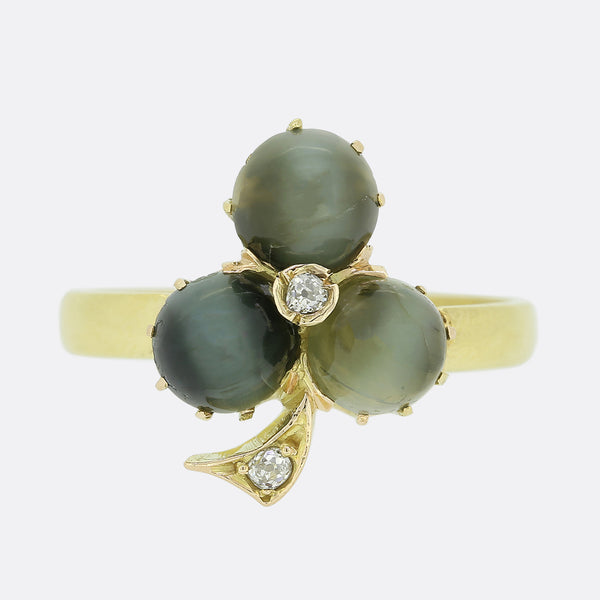 Victorian Chrysoberyl Cats Eye and Diamond Clover Ring