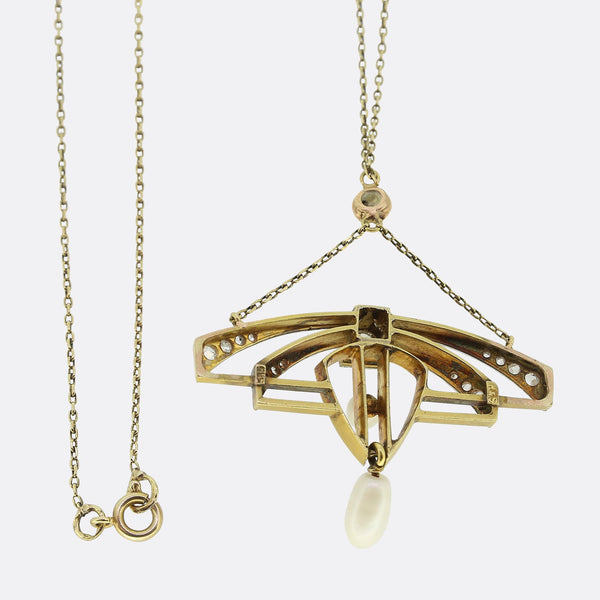 Art Nouveau Natural Pearl and Diamond Pendant Necklace
