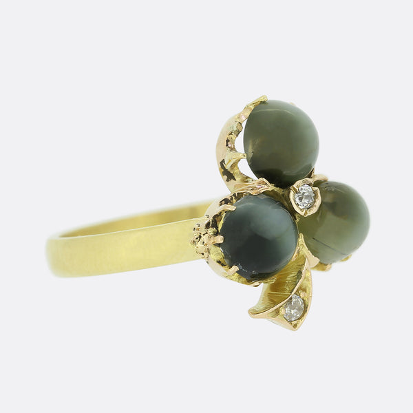 Victorian Chrysoberyl Cats Eye and Diamond Clover Ring