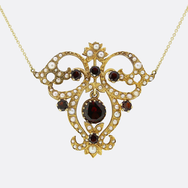 Vintage Garnet and Seed Pearl Drop Necklace