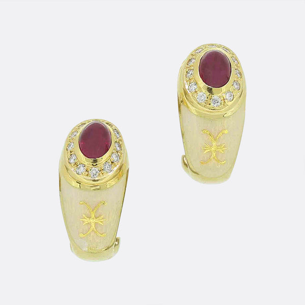 Fabergé Cabochon Ruby, Diamond and Enamel Earrings