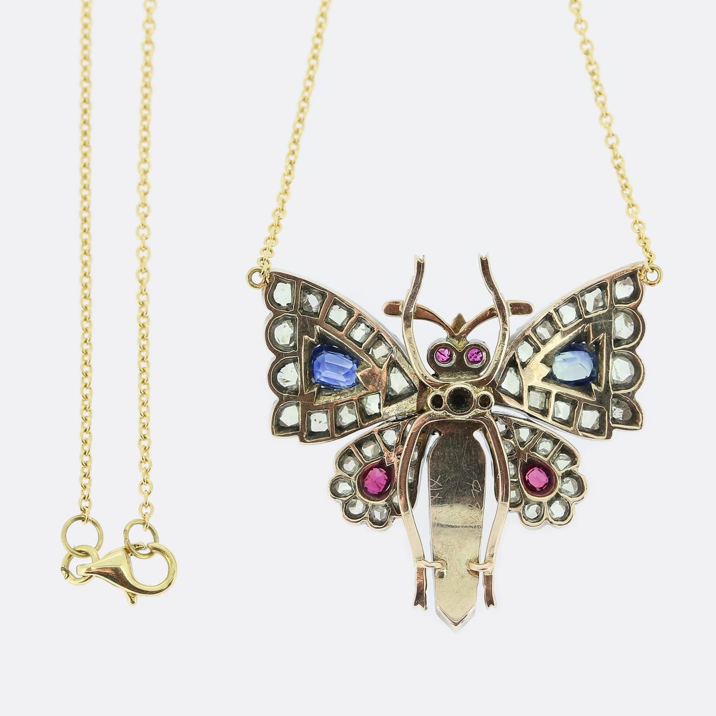 Victorian Rose Cut Diamond Sapphire Pearl and Ruby Butterfly Necklace