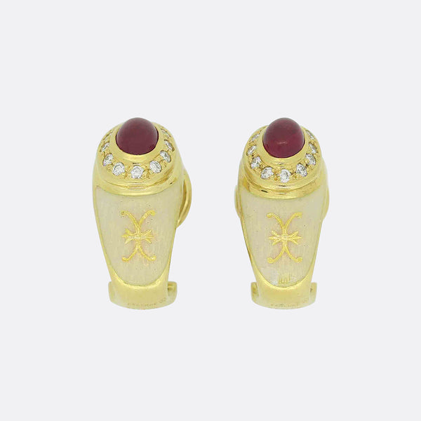 Fabergé Cabochon Ruby, Diamond and Enamel Earrings