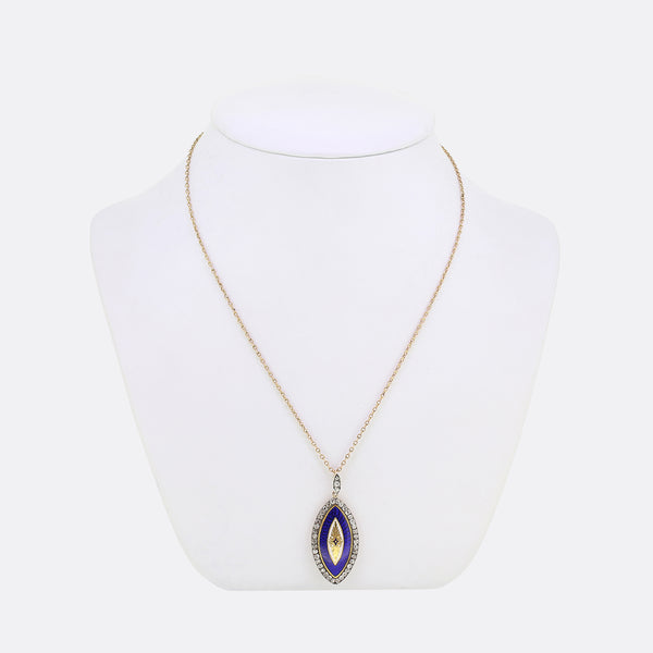 Victorian Diamond and Enamel Navette Pendant Necklace