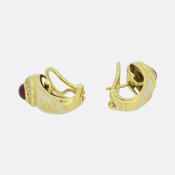 Fabergé Cabochon Ruby, Diamond and Enamel Earrings
