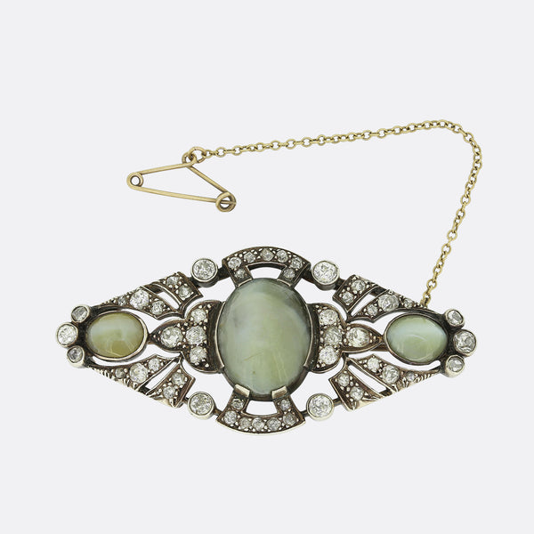 Victorian Chrysoberyl Cats Eye and Diamond Brooch