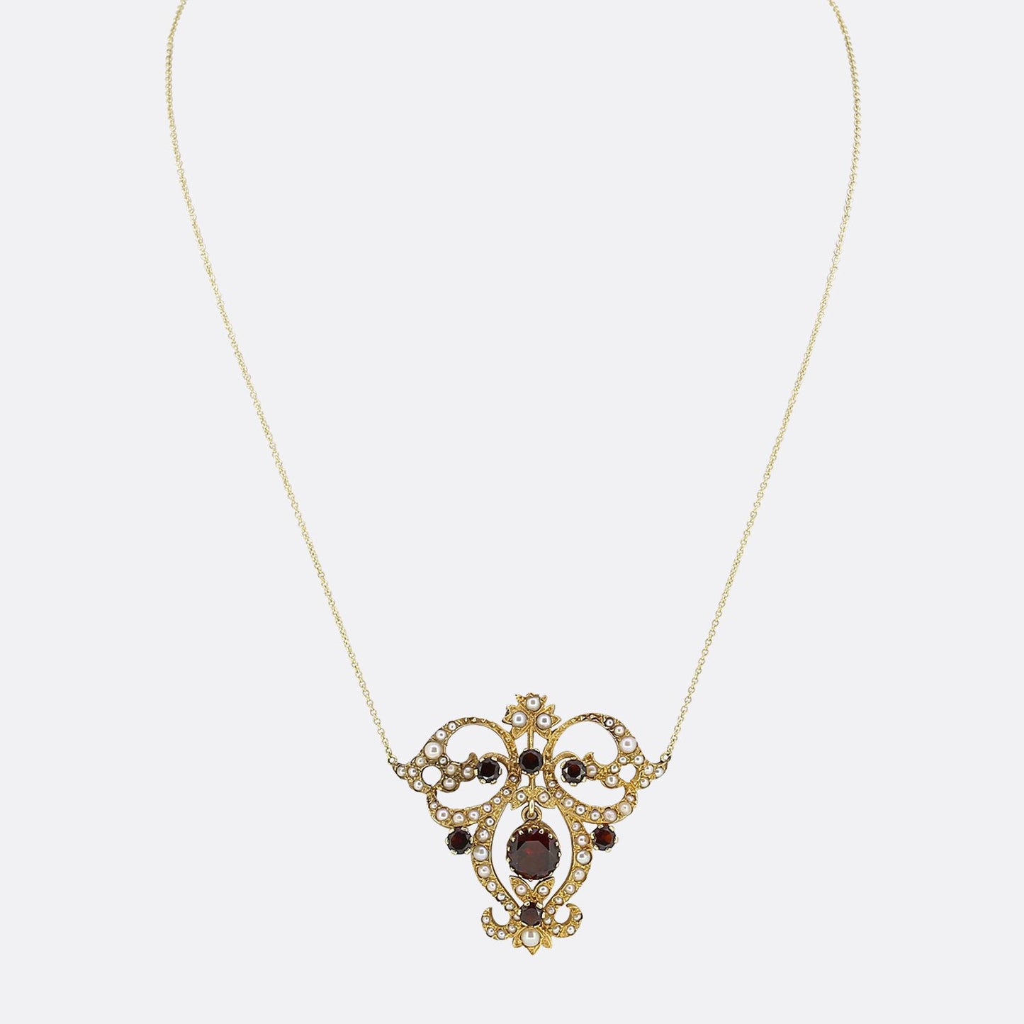 Vintage Garnet and Seed Pearl Drop Necklace