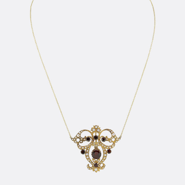 Vintage Garnet and Seed Pearl Drop Necklace