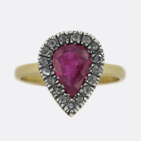 Pear Shape Ruby and Diamond Cluster Ring