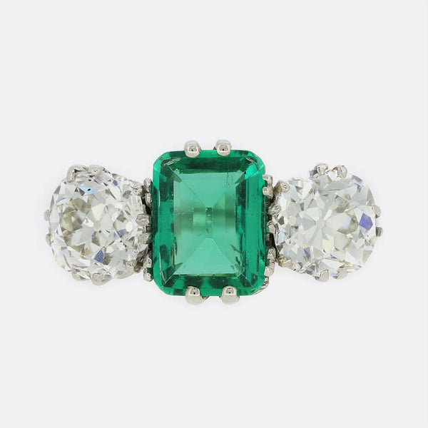 1.46 Carat Colombian Emerald and Diamond Three Stone Ring