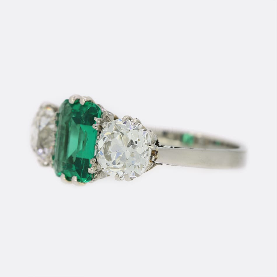 1.46 Carat Colombian Emerald and Diamond Three Stone Ring