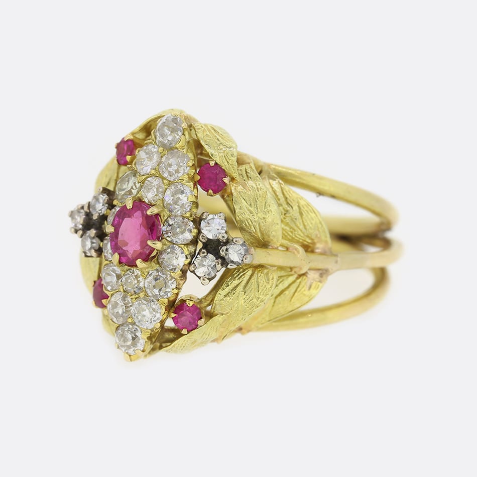 Vintage Ruby and Diamond Navette Style Leaf Ring