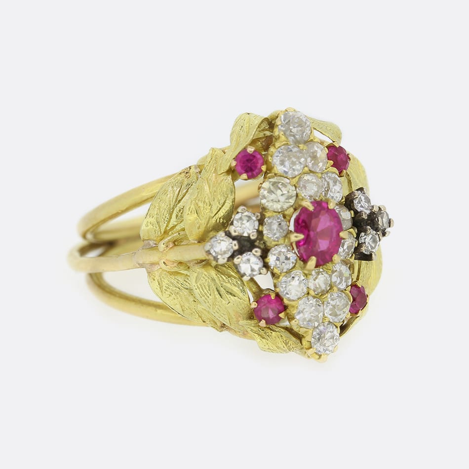 Vintage Ruby and Diamond Navette Style Leaf Ring