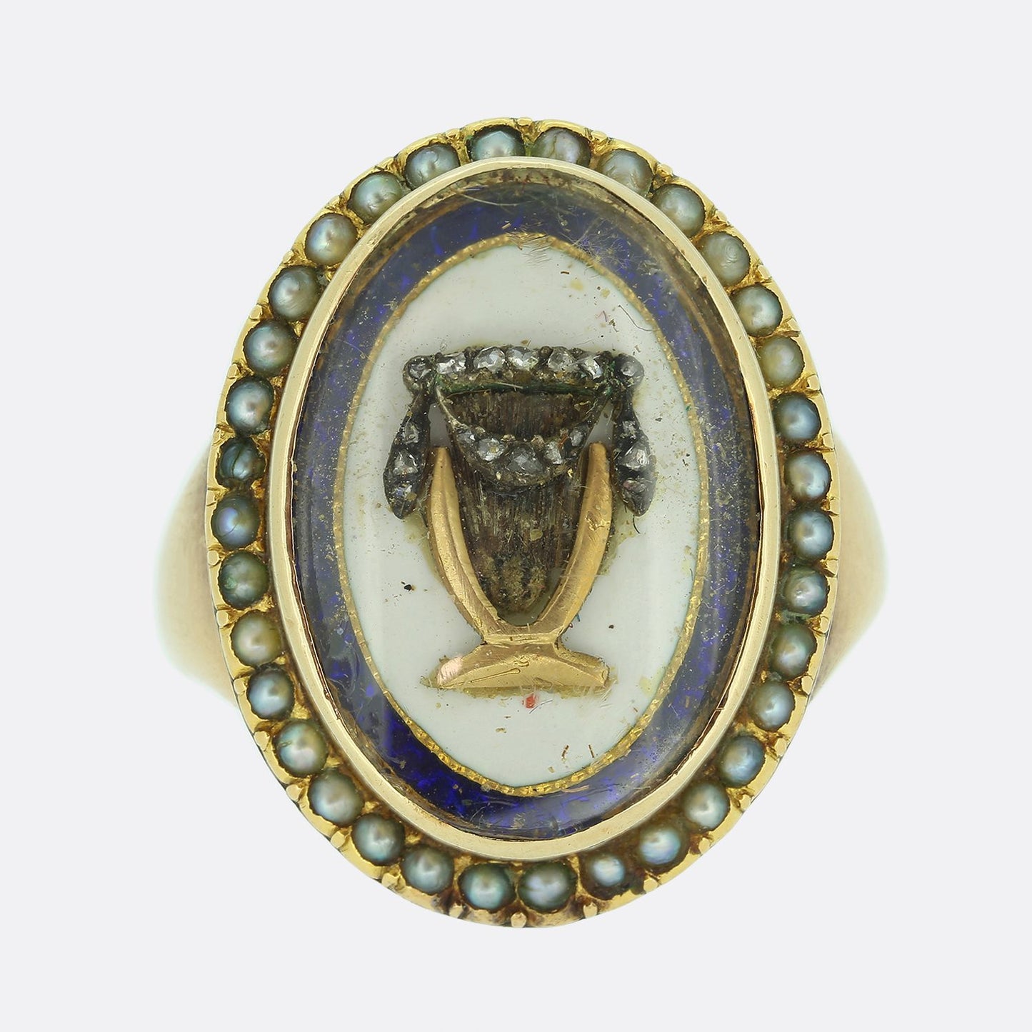 Georgian Enamelled Pearl and Diamond Urn Ring