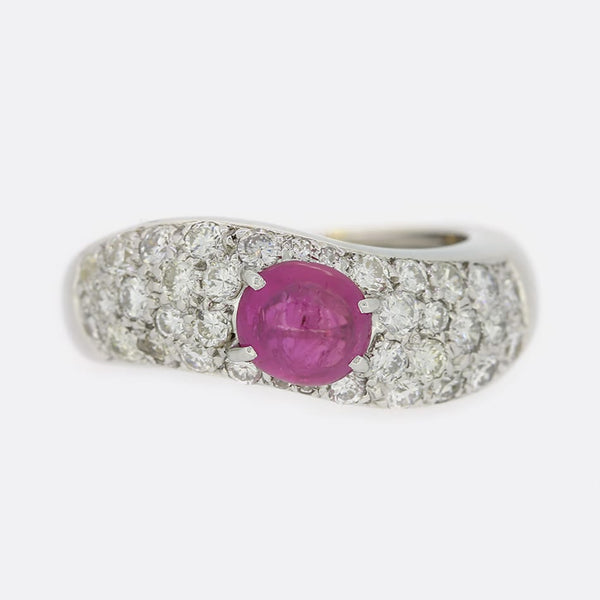 1.40 Carat Cabochon Ruby and Diamond Cluster Ring