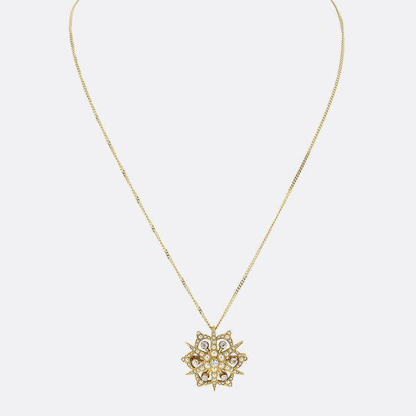 Victorian Diamond and Pearl Star Pendant Necklace