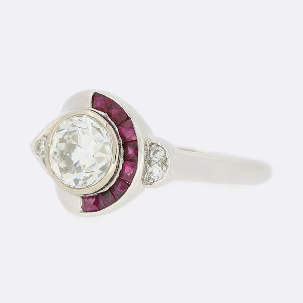 Art Deco 1.30 Carat Diamond and Ruby Ring