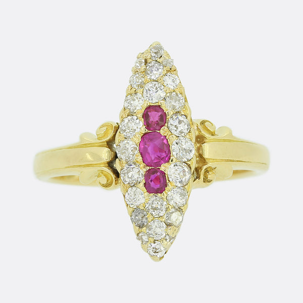 Victorian Ruby and Old Cut Diamond Navette Ring