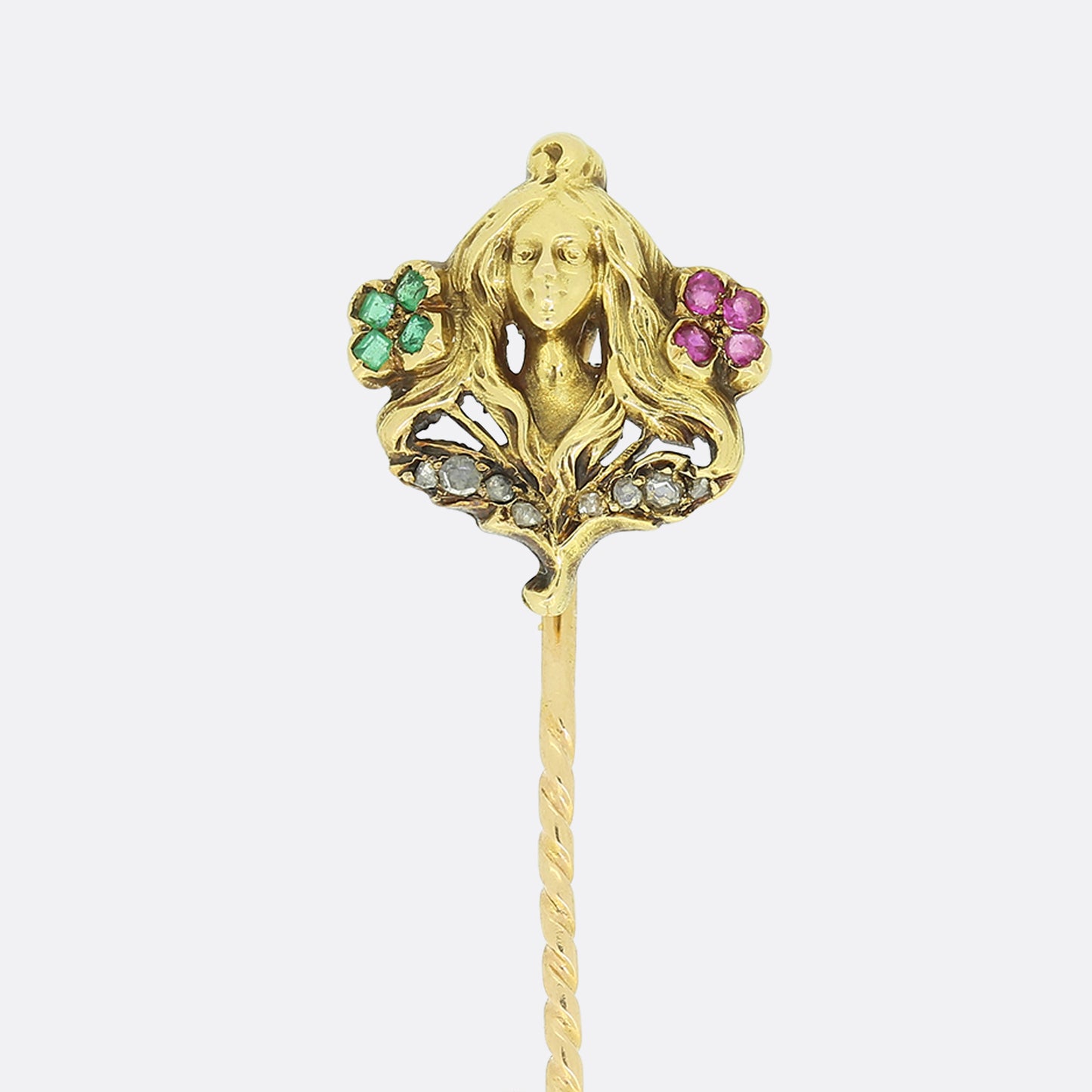 Art Nouveau French Emerald Ruby and Diamond Lady Stick Pin
