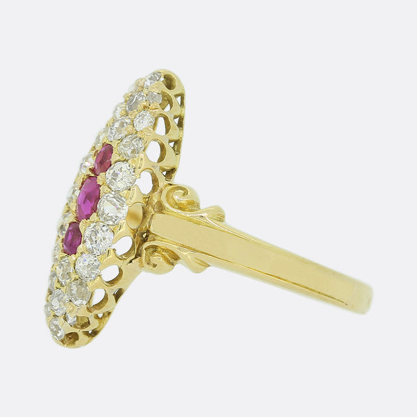 Victorian Ruby and Old Cut Diamond Navette Ring