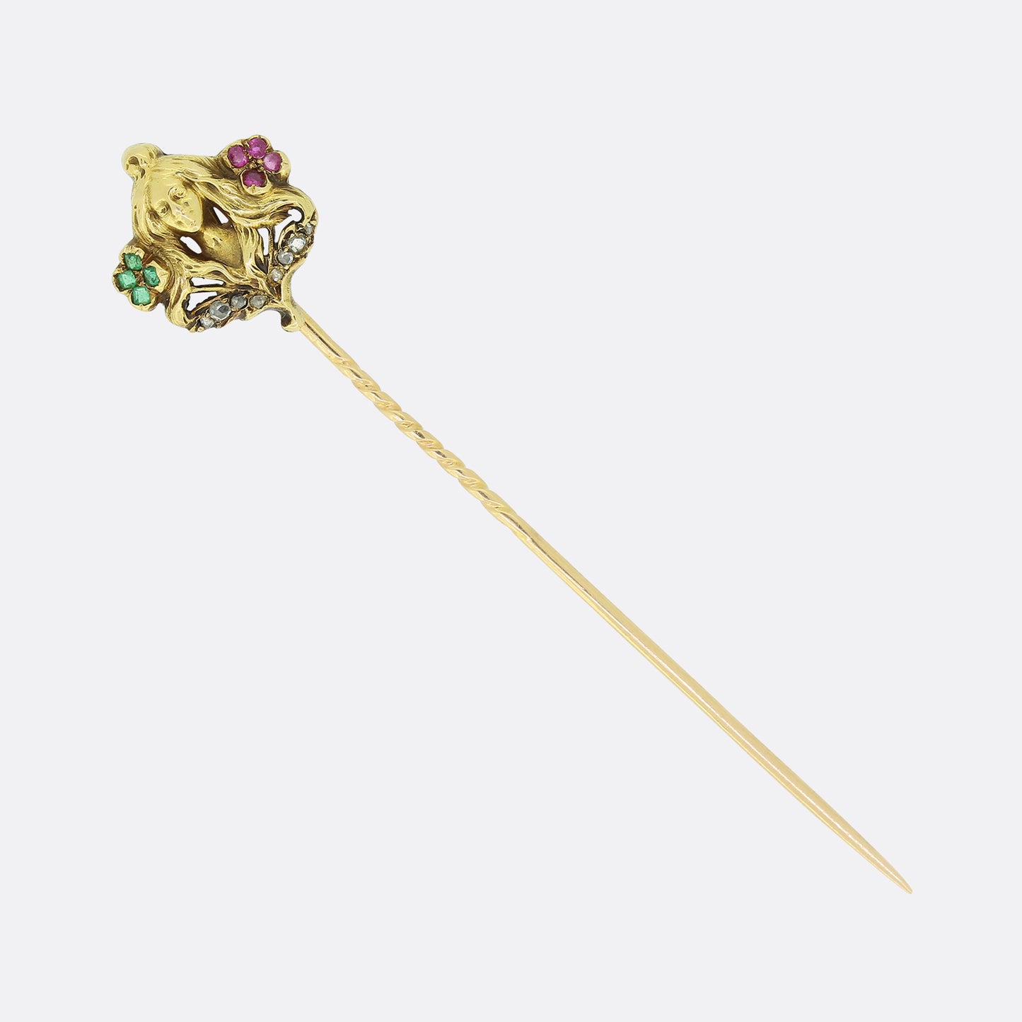 Art Nouveau French Emerald Ruby and Diamond Lady Stick Pin