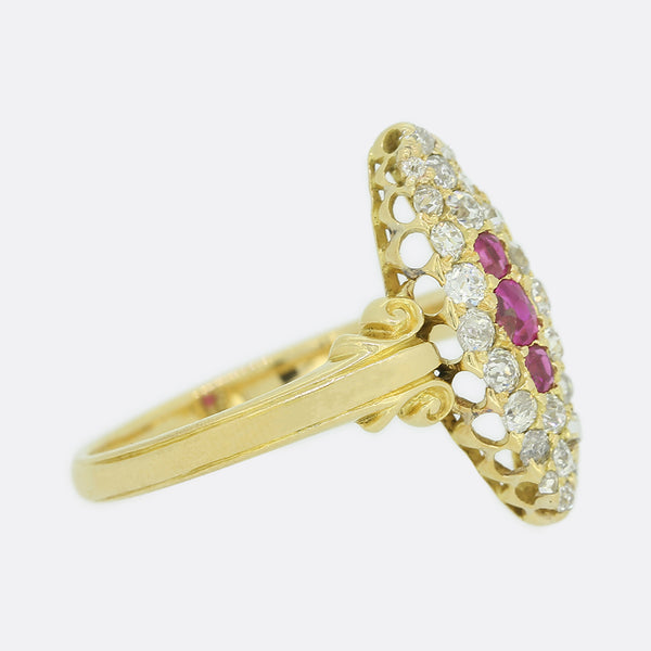 Victorian Ruby and Old Cut Diamond Navette Ring