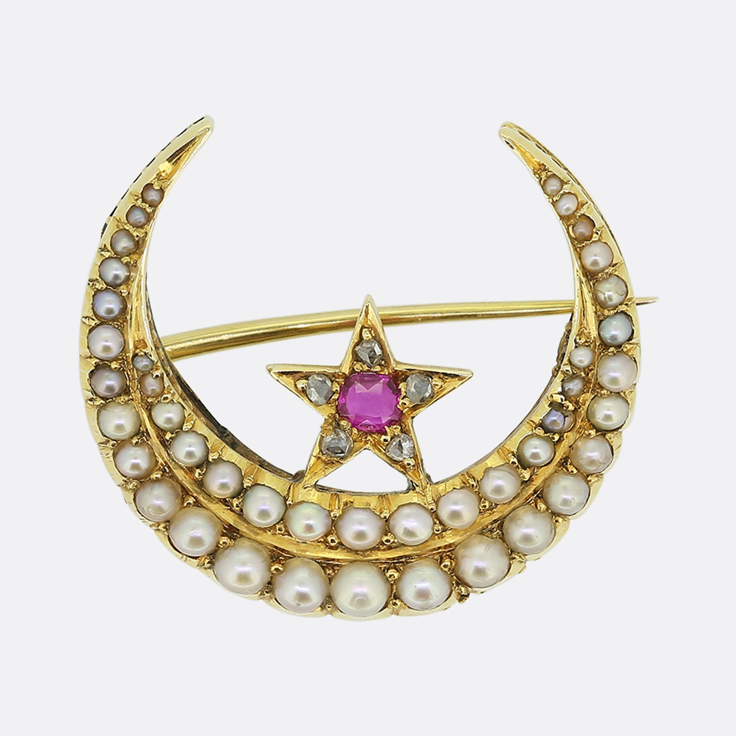 Victorian Ruby Diamond and Pearl Crescent Brooch