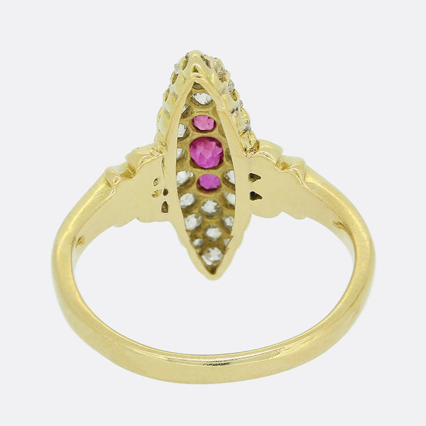 Victorian Ruby and Old Cut Diamond Navette Ring