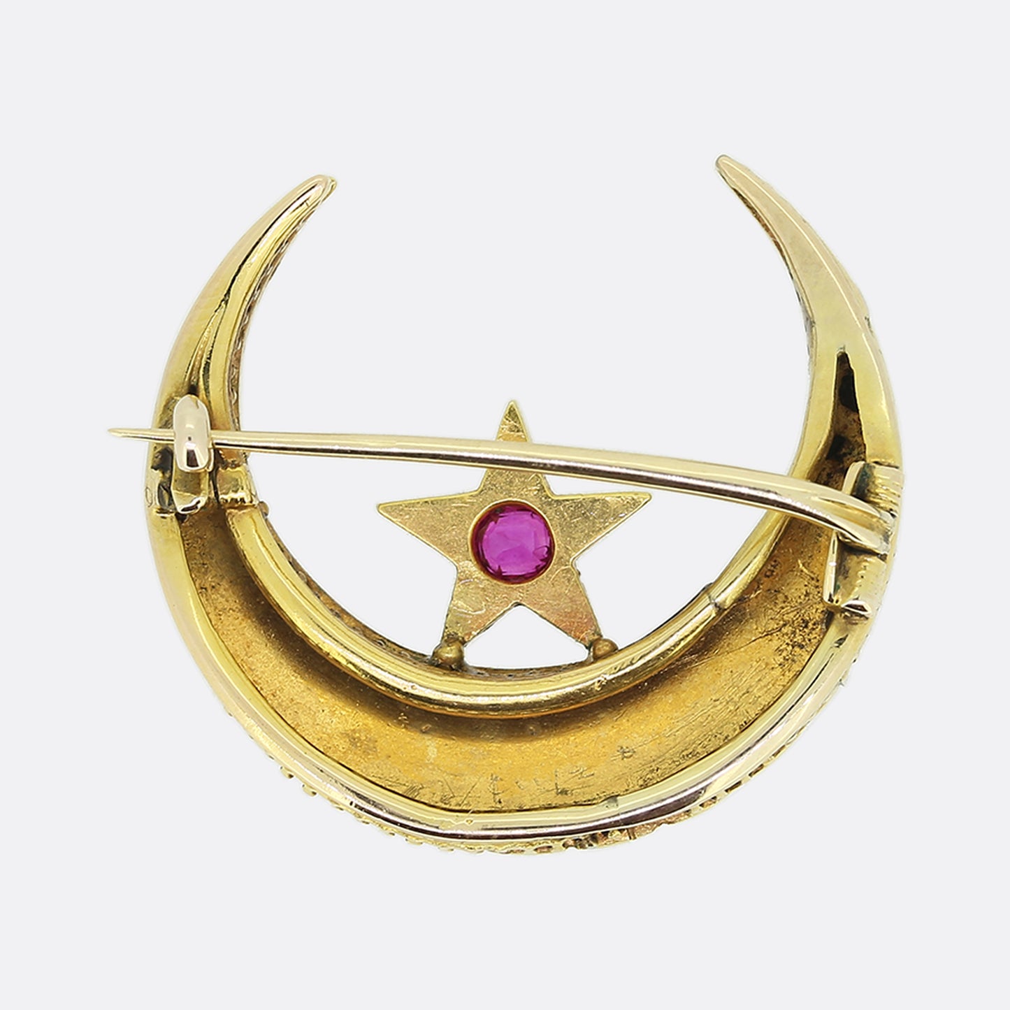 Victorian Ruby Diamond and Pearl Crescent Brooch