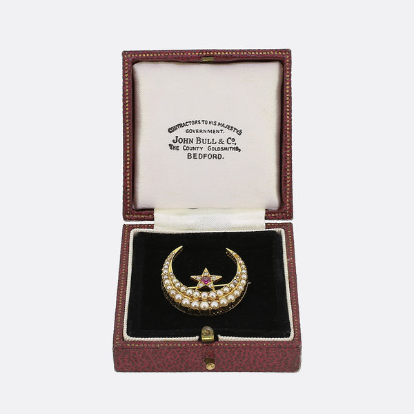 Victorian Ruby Diamond and Pearl Crescent Brooch