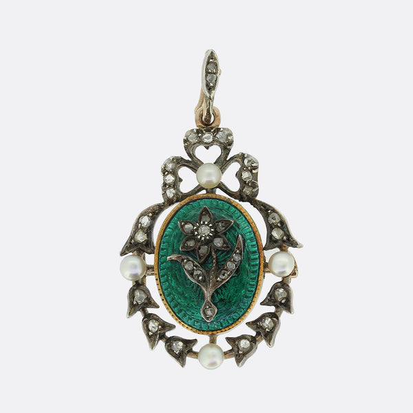 Victorian Pearl, Diamond and Enamel Forget Me Not Pendant