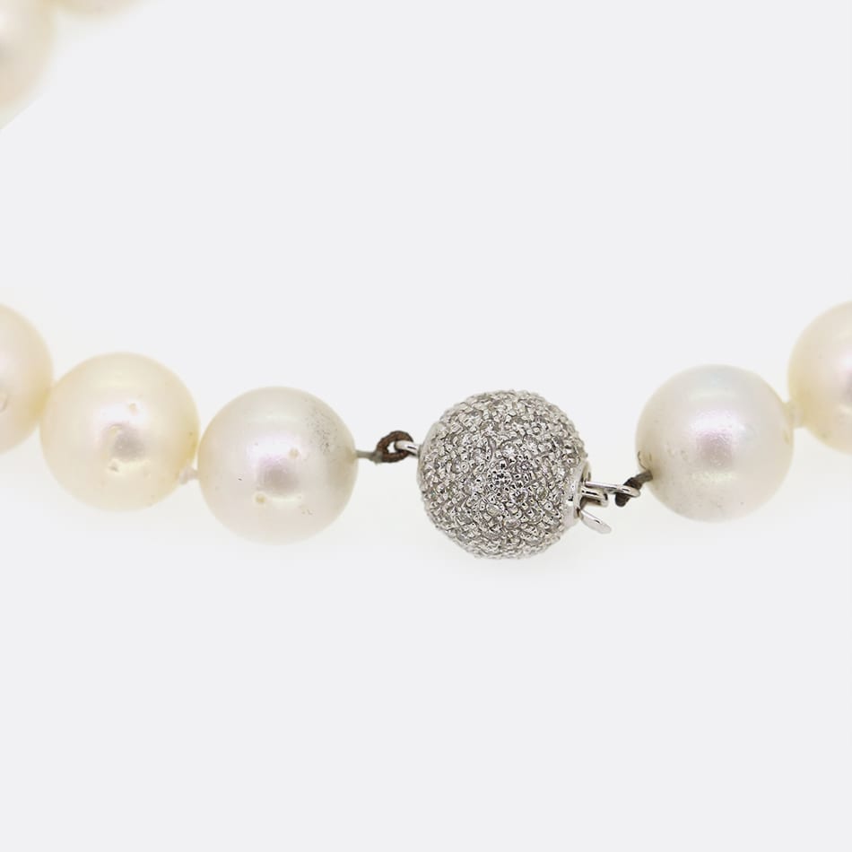 Vintage Cultured Pearl Necklace Diamond Ball Clasp 0.65 Carats