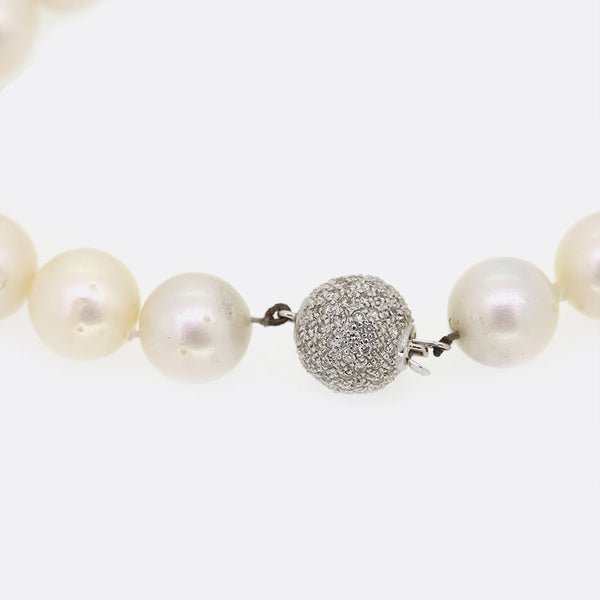 Vintage Cultured Pearl Necklace Diamond Ball Clasp 0.65 Carats