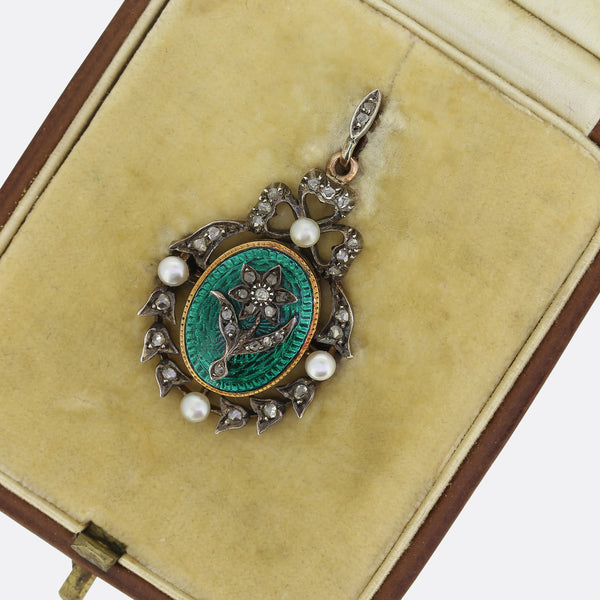 Victorian Pearl, Diamond and Enamel Forget Me Not Pendant