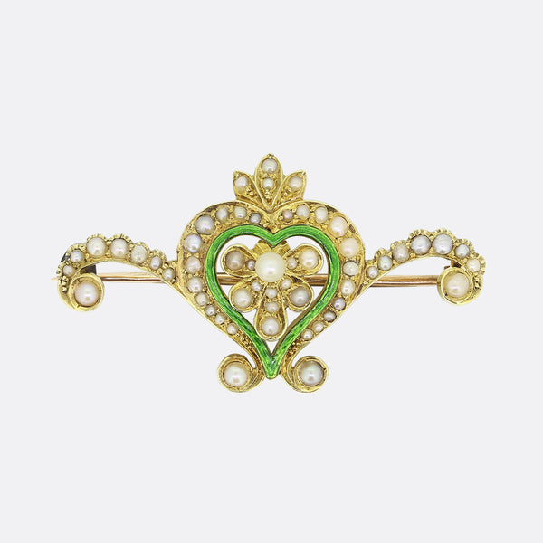 Edwardian Pearl and Green Enamel Heart Brooch