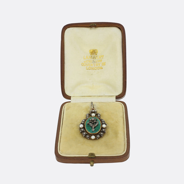 Victorian Pearl, Diamond and Enamel Forget Me Not Pendant