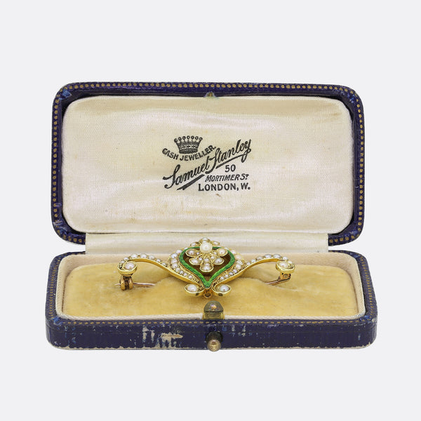 Edwardian Pearl and Green Enamel Heart Brooch
