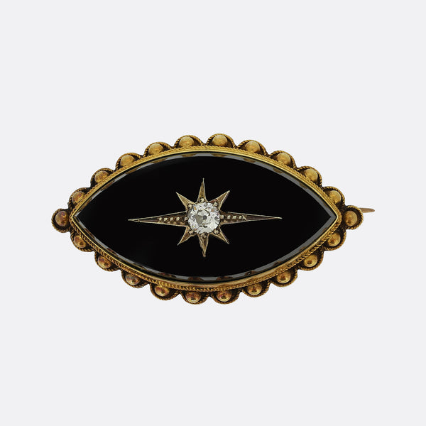 Victorian Black Onyx and Diamond Mourning Brooch