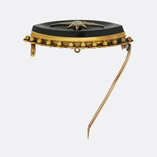 Victorian Black Onyx and Diamond Mourning Brooch